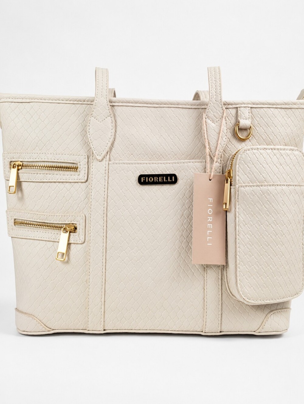 Fiorelli Beige Textured Tote Bag NWT Gold Hardware Zip Pocket